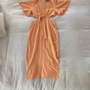 Lulu's Peach Tie-Front Flutter Midi Dress